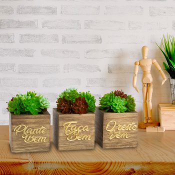 Trio de Vasinhos com Planta Artificial - Frase Motivacional Espelhada - Plante o Bem, Faça o Bem, o Resto Vem - Dourado