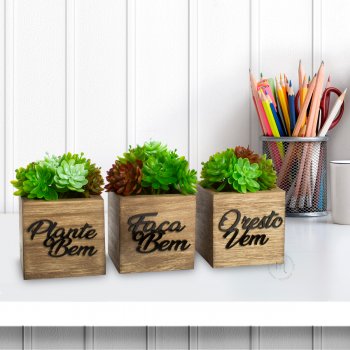 Trio de Vasinhos com Planta Artificial - Frase Motivacional - Plante o Bem, Faça o Bem, o Resto Vem - Preto