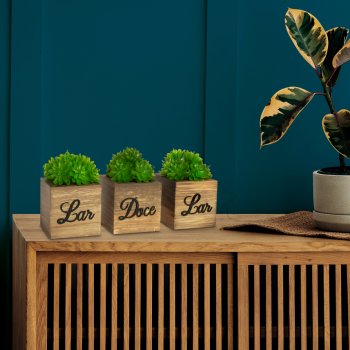 Trio de Vasinhos com Planta Artificial - Frase  Lar do Doce Lar Preto