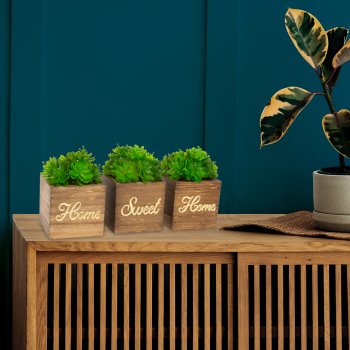 Trio de Vasinhos Com Planta Artificial - Frase Espelhada Home Sweet Home - Dourado